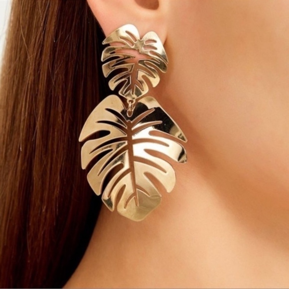 Gold Monstera Leaf Drop Statement Earrings